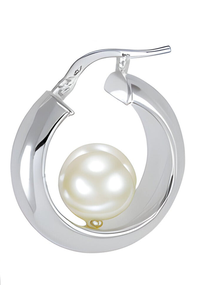 Silver hoop earrings with pearl on a white background