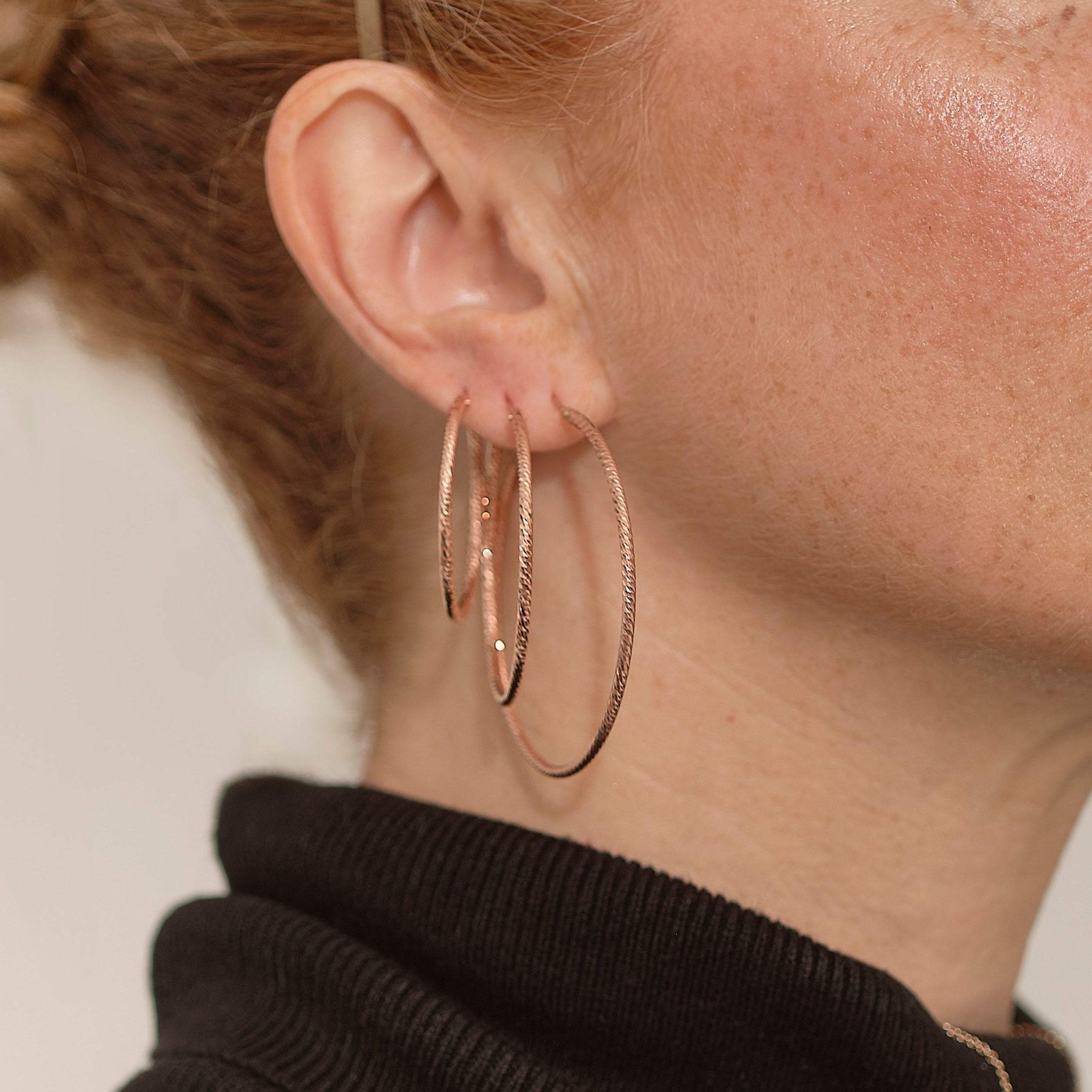 Sparkly, Diamond-Cut Hoop Earrings - Rose Gold - Large - 55 mm