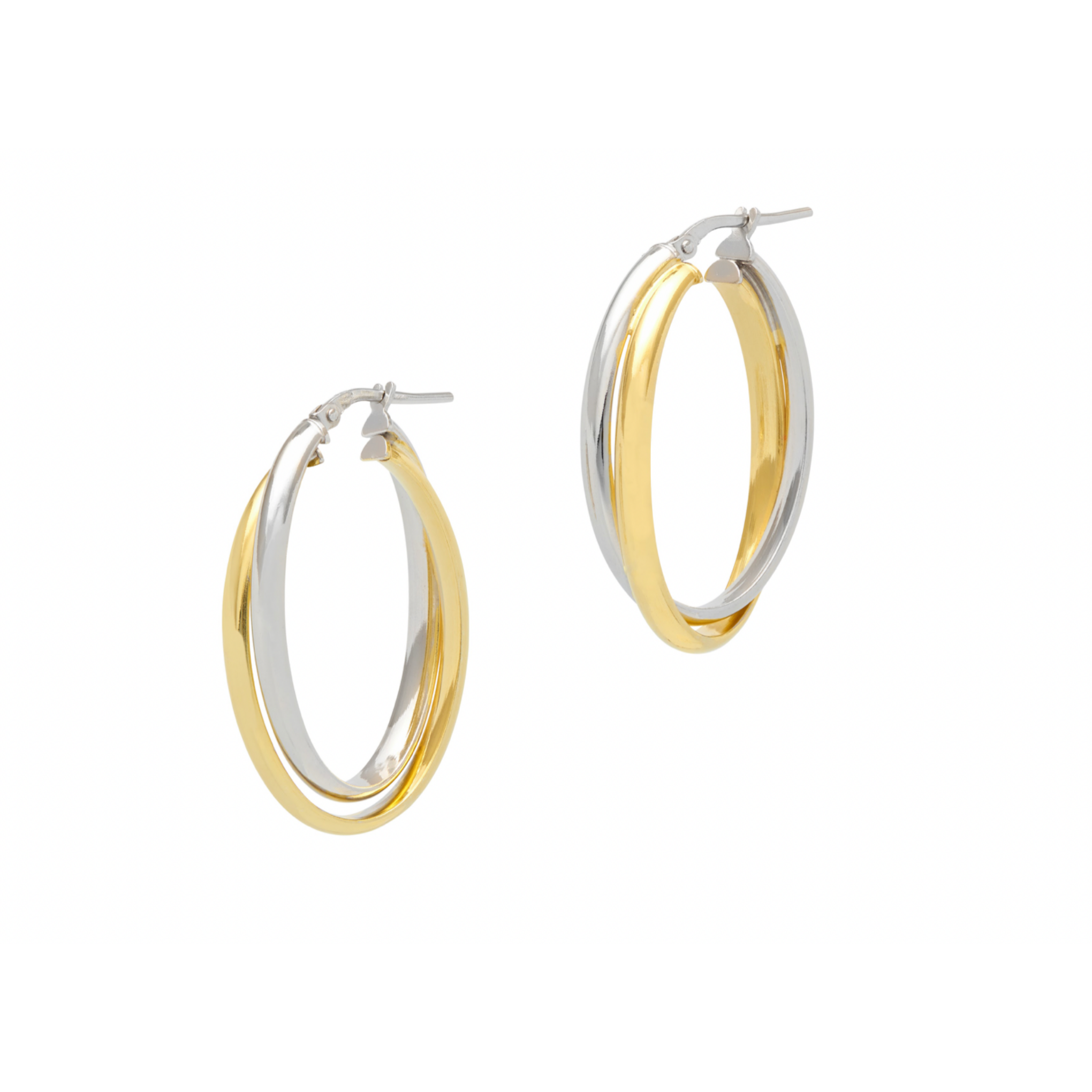 Two-tone gold and silver hoop earrings on a white background
